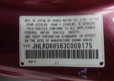 2003 Honda Cr-V Lx from USA, damaged, VIN JHLRD68563C009175